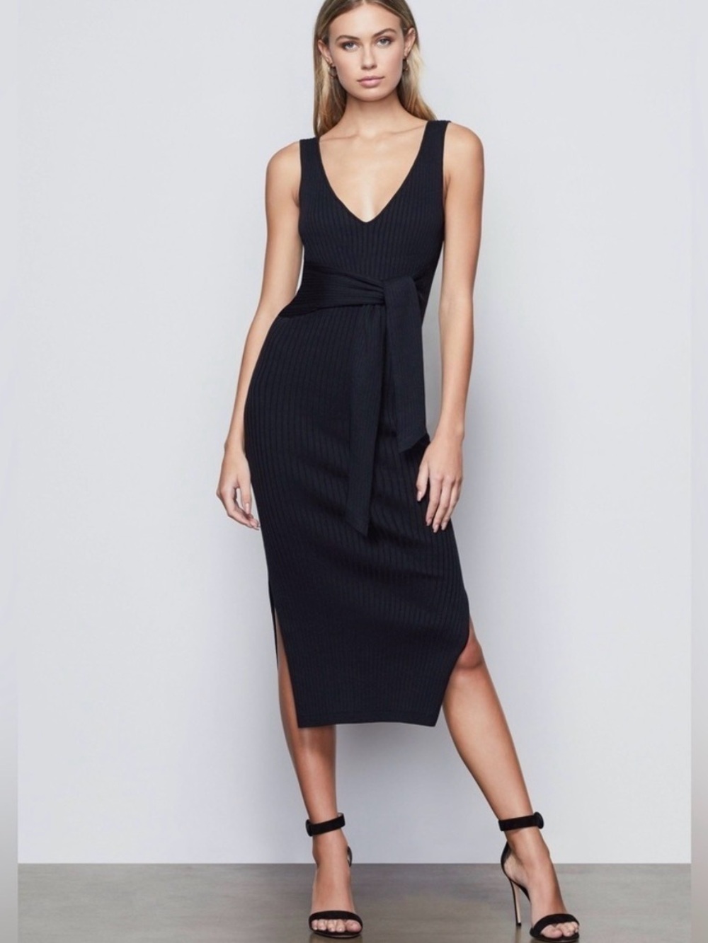 Good American Rib Knit Tie Waist Midi Dress, Black, Size 4/XL